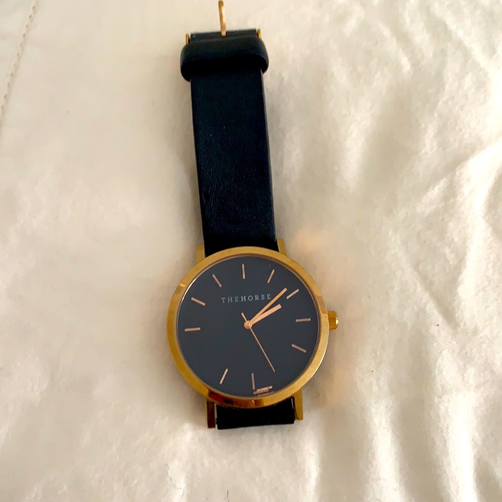 The Horse black leather and gold watch